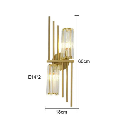 Luxury crystal gold wall lamp featuring gold-toned metal rods and two vertical crystal glass shades for living room decorbites crystal gold lighting