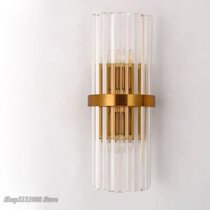 Clear glass cylinder crystal golden wall lamp with gold-toned metal band for luxury living room decorbites crystal golden wall sconce