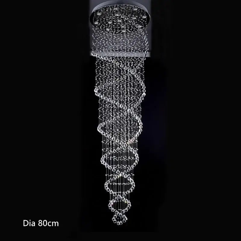 Luxury crystal staircase chandelier with cascading clear faceted beads in spiral pattern by decorbites crystal staircase