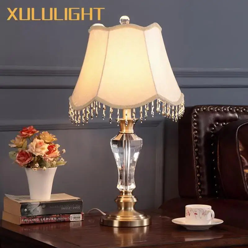 Luxury crystal table lamp with fabric lampshade featuring a crystal base gold-toned metal accents for bedroom decorbites crystal table