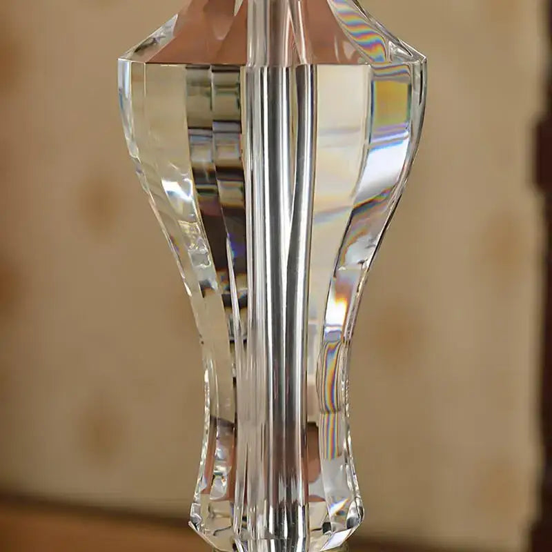 Luxury crystal table lamp with clear crystal pendant featuring faceted geometric design and fabric lampshade decorbites crystal table