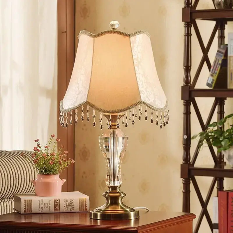 Luxury crystal table lamp with cream fabric lampshade lace trim and antique brass base by decorbites crystal table