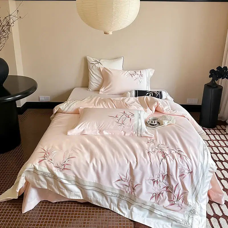 Luxury dark blue 1000tc egyptian cotton bedding set with pink satin bamboo embroidery and a subtle cherish border