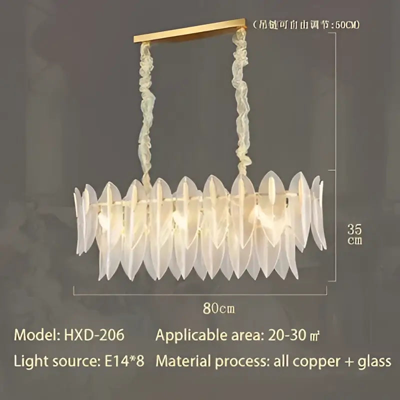 Luxury chandelier featuring decorbites glass leaf gold shades with wooden top and braided copper chains for living room