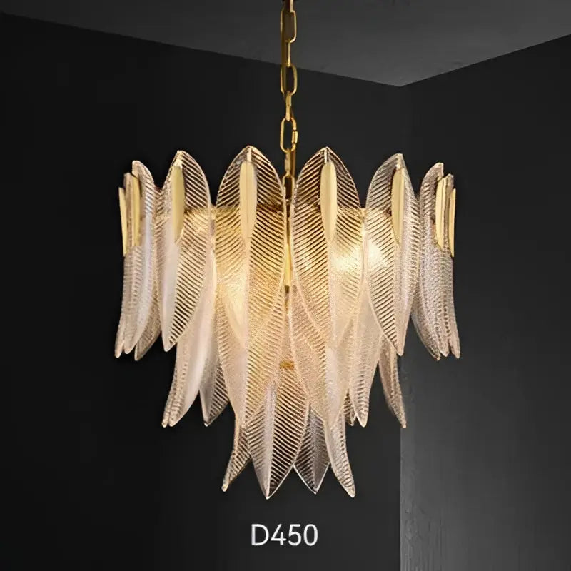 Gold-toned luxury chandelier with cascading translucent glass leaf shades decorbites glass leaf pendant light