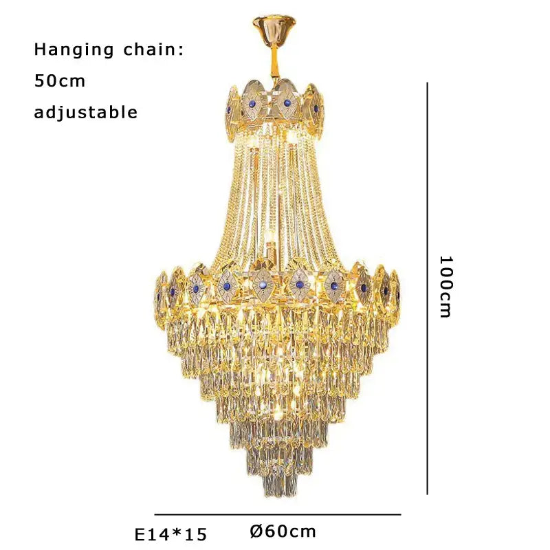 Luxury decorbites gold round chandelier with multiple crystal tiers and blue gemstone accents for stair lighting