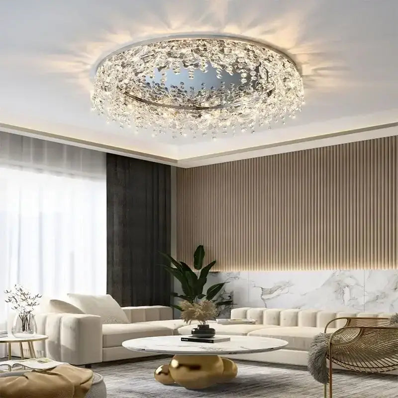 Luxury diamond crystal kitchen ceiling lamp with clear faceted crystals cascading around a central metallic ring decorbites crystal kitchen