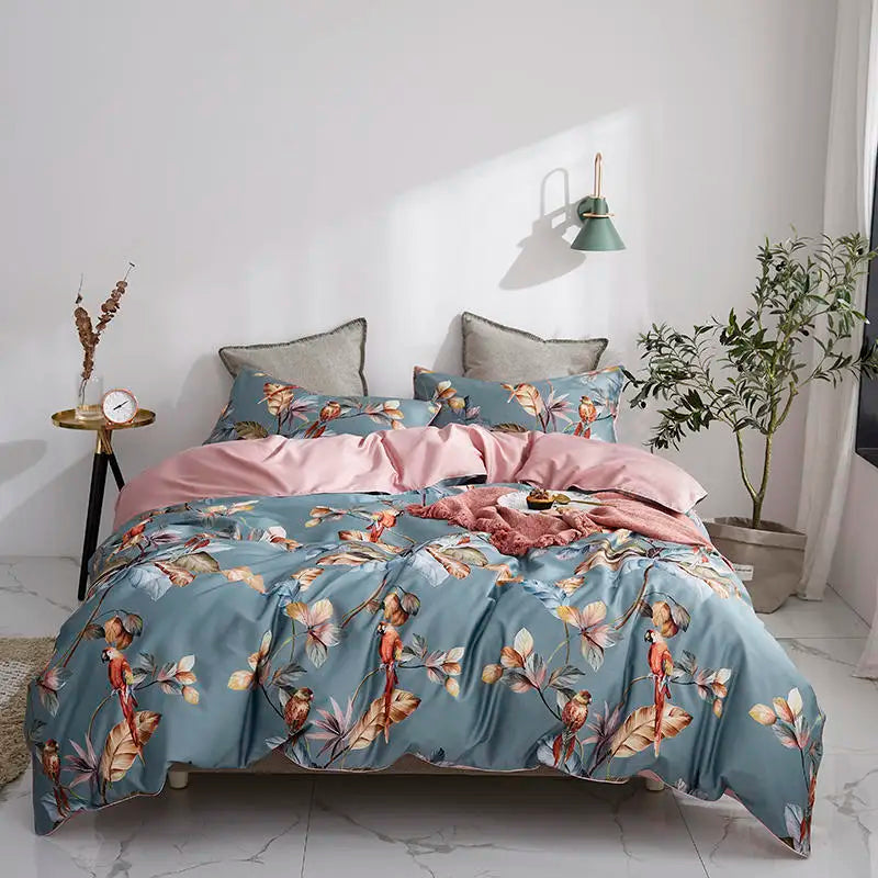 Luxury Egyptian Cotton Bedding Set - Flamingo Leaf - Family size 7Pcs / Color 14 / CHINA|Flat sheet style