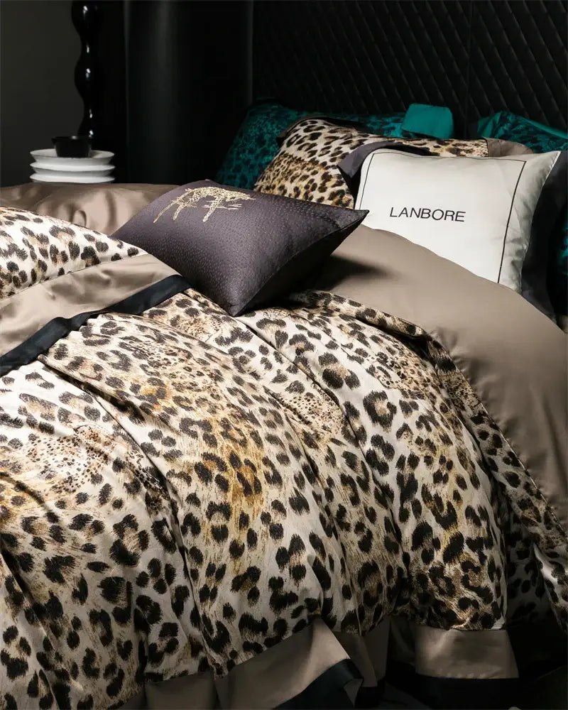 Luxury egyptian cotton leopard print bedding set in beige and brown with a satin finish and bold black and tan spots