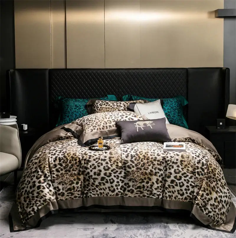 Luxury egyptian cotton leopard print bedding set with beige and brown satin-like bedspread for an elegant bedroom