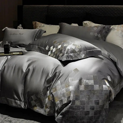 Luxury embroidery bedding set in silver satin with geometric metallic silver and gold squares for bedroom use