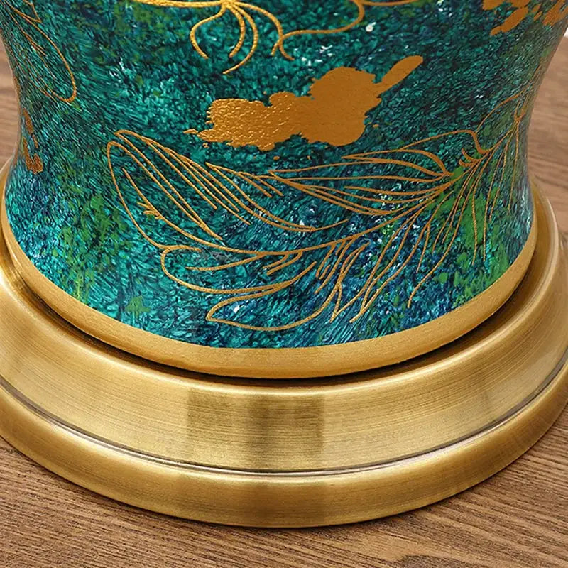 Luxury emerald queen green ceramic table lamp with teal and gold ornate vase featuring intricate feather and cloud motifs