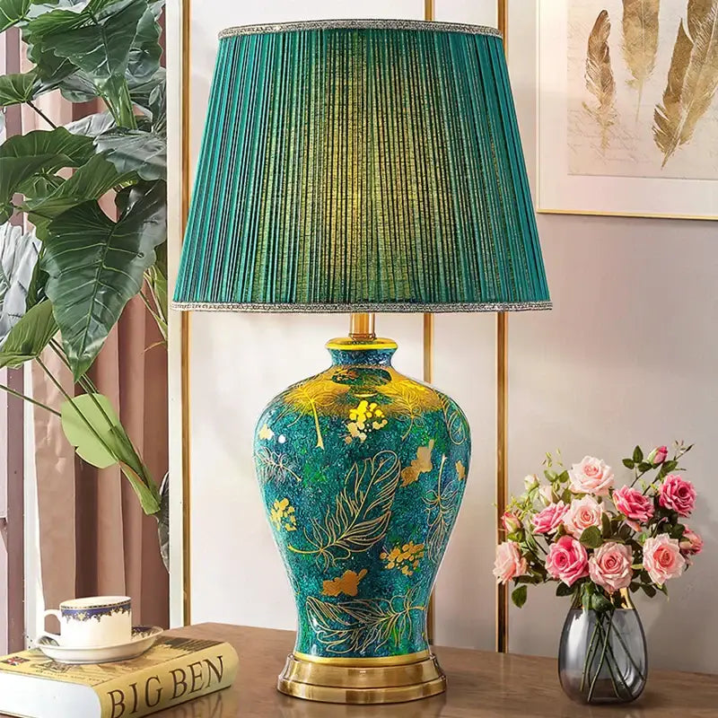 Luxury emerald queen green ceramic table lamp with teal and gold base and fluted green shade for bedroom lighting