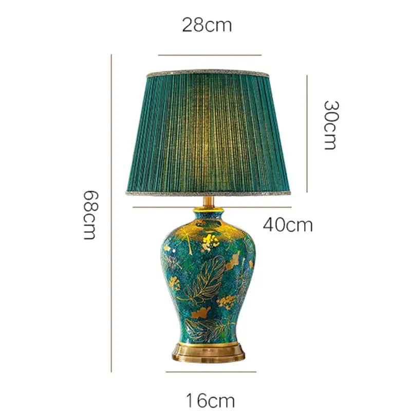 Luxury emerald queen green ceramic table lamp with teal and gold floral design and pleated green shade for bedroom lighting