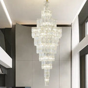 Luxury european crystal staircase chandelier with cascading rectangular prisms by decorbites for villa living room decor