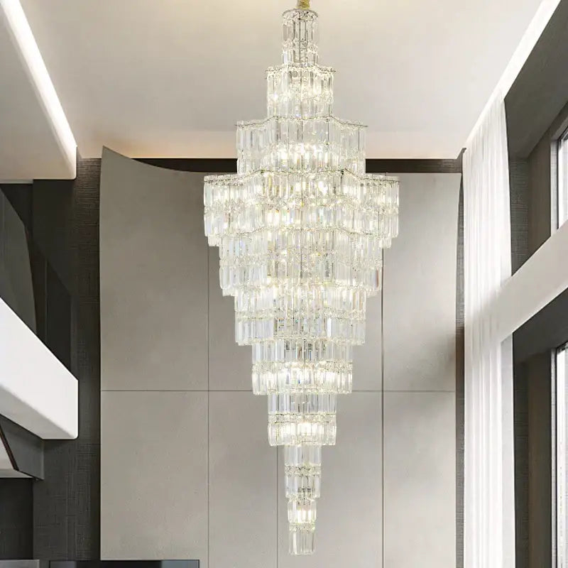 Luxury european crystal staircase chandelier with cascading rectangular prisms by decorbites for villa living room decor