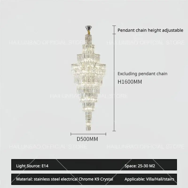 Luxury european crystal staircase chandelier with chrome stainless steel frame and clear k9 crystals by decorbites crystal