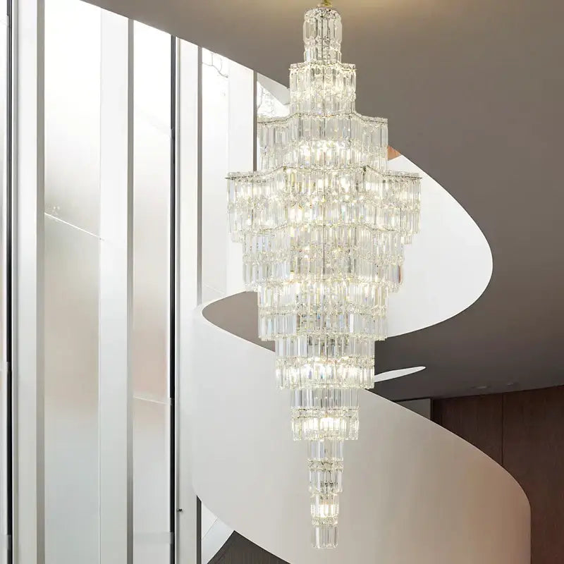 Luxury european crystal staircase chandelier with cascading rectangular prisms by decorbites for villa living room decor