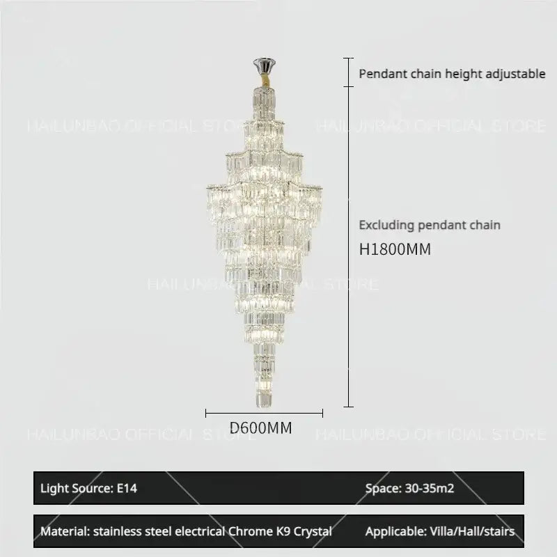 Luxury european decorbites crystal staircase chandelier with tiered clear k9 crystal and chrome stainless steel frame