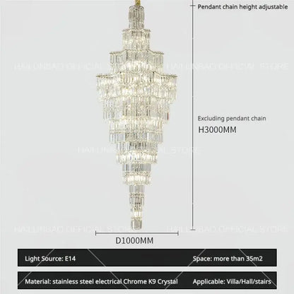 Luxury european decorbites crystal staircase chandelier crafted from clear k9 crystal and chrome finished stainless steel
