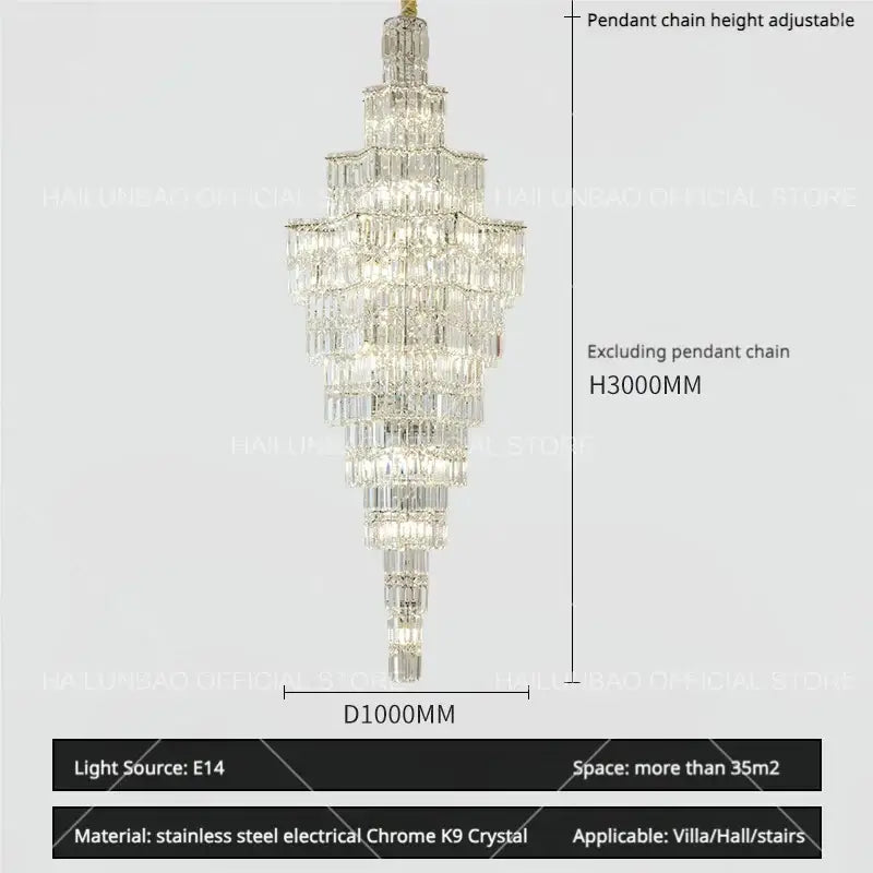Luxury european decorbites crystal staircase chandelier crafted from clear k9 crystal and chrome finished stainless steel