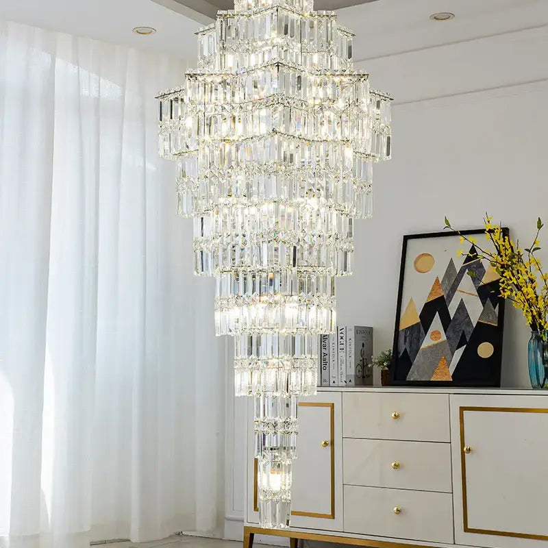 Luxury european crystal staircase chandelier with cascading rectangular prisms emitting bright glow for villa living room decorbites crystal staircase