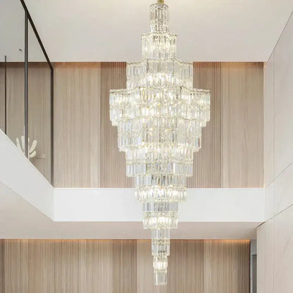 Luxury European crystal staircase chandelier with cascading rectangular prisms and embedded lights for villa decorbites crystal staircase