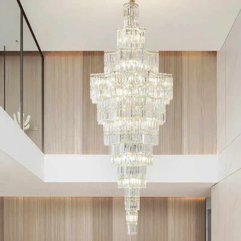Luxury European crystal staircase chandelier with cascading rectangular prisms and embedded lights for villa decorbites crystal staircase