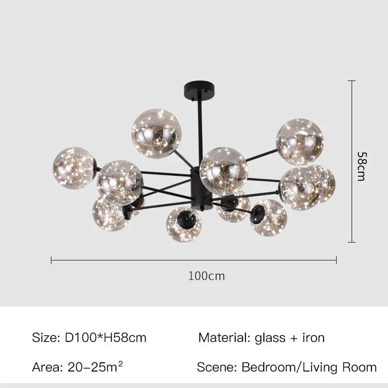 Luxury Glass Ball Nordic Chandeliers - Dimmable - Black -12 heads / Smoke gray glass / Dimming with Remote - Chandelier