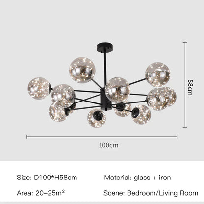 Luxury Glass Ball Nordic Chandeliers - Dimmable - Black -12 heads / Smoke gray glass / Dimming with Remote - Chandelier