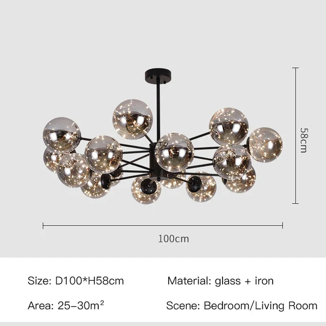 Luxury Glass Ball Nordic Chandeliers - Dimmable - Black -16 heads / Amber glass / Cool white no remote - Chandelier