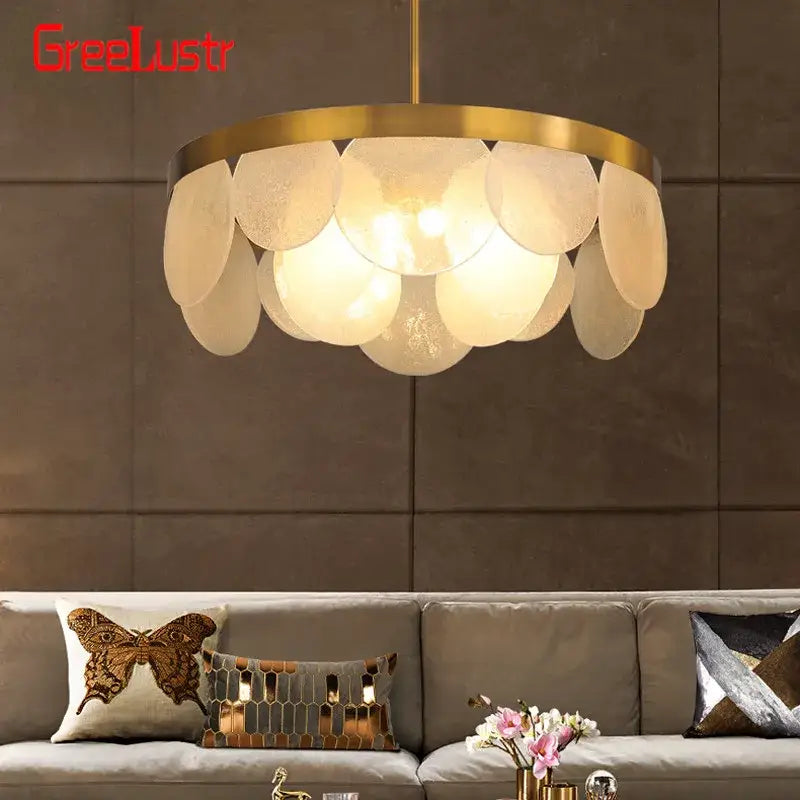 Gold-toned luxury glass copper led pendant light with layered frosted glass disc shades for dining room lighting