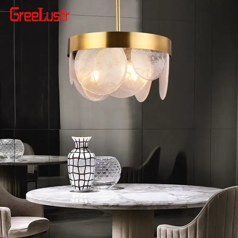 Luxury glass copper led pendant light with gold-toned layered glass petals on brass frame for dining room lighting
