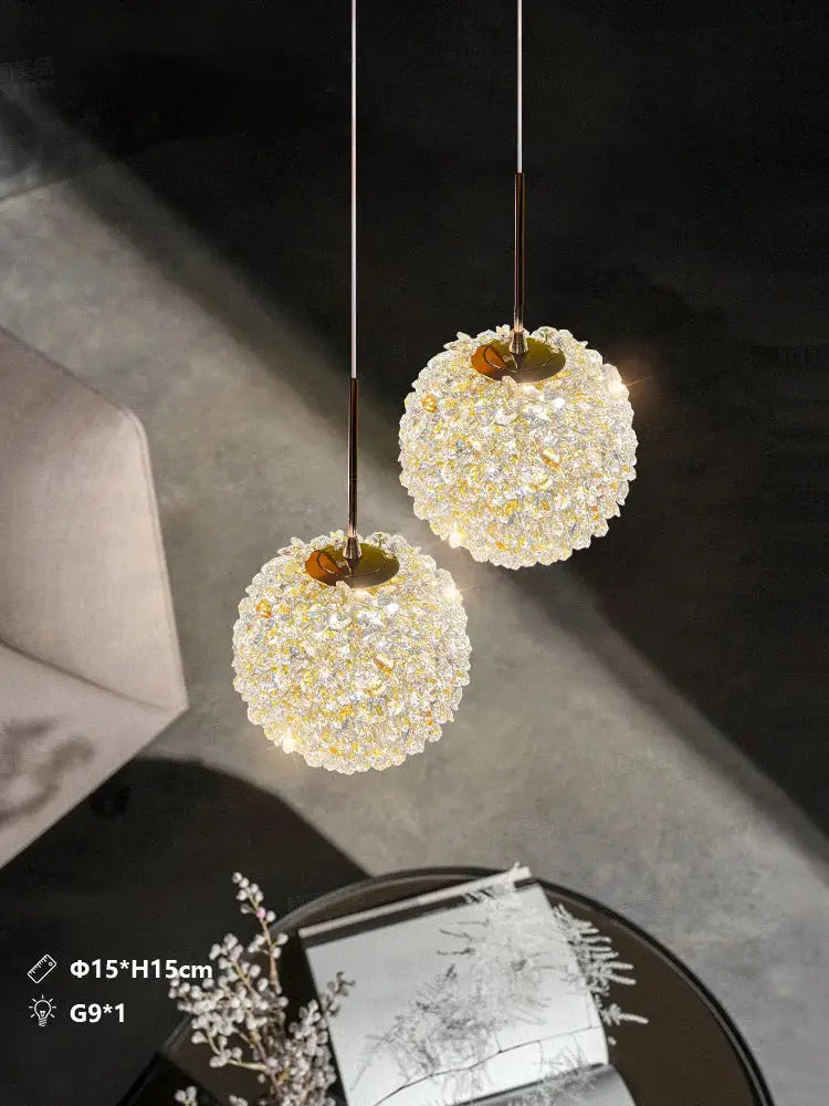Two luxury gold and amber crystal ball pendant lights with sparkling decorbites crystal ball fixtures for bedroom lighting