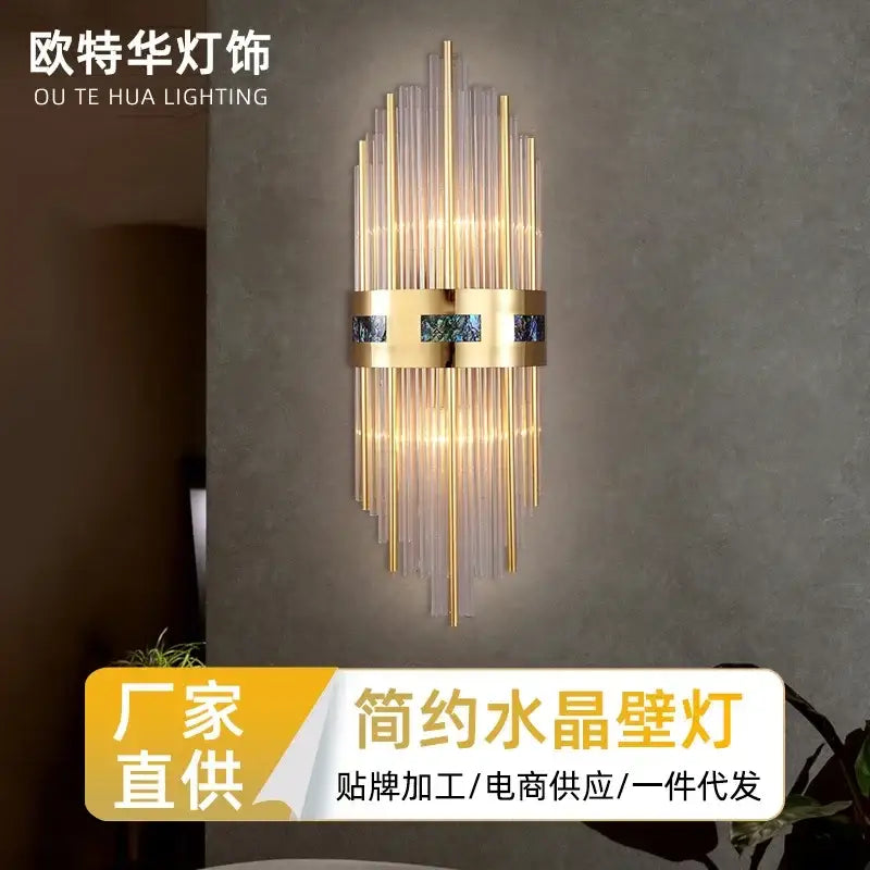 Luxury gold and blue crystal led wall lamp with vertical crystal rods and blue green inlaid accents for dining room decorbites crystal led wall