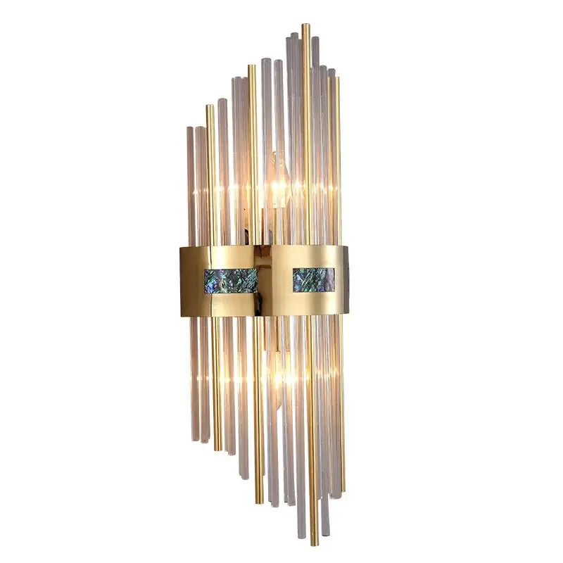 Luxury gold and blue decorbites crystal led wall lamp with vertical glass rods and iridescent inlay accents for dining room decor