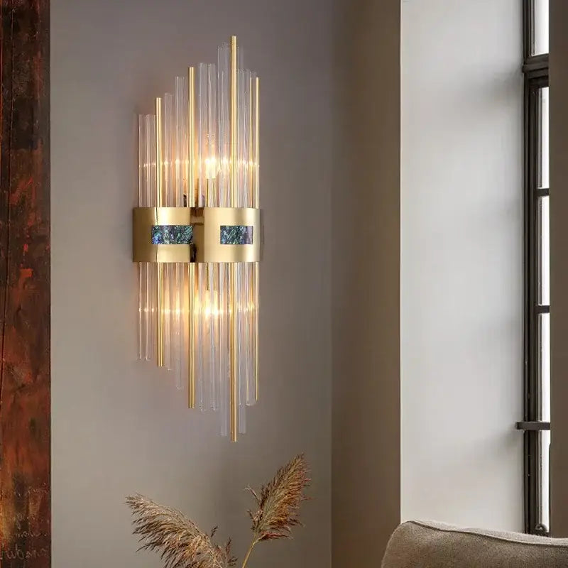 Luxury gold and blue decorbites crystal led wall lamp with vertical glass rods for elegant dining room decorbites crystal led use
