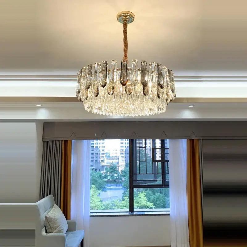 Luxury gold and bronze crystal modern pendant light with braided rope and glass prisms for dining room decorbites crystal modern