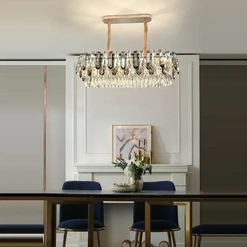 Luxury gold and bronze crystal modern pendant light with rectangular frame and cascading clear crystal droplets for dining room decorbites crystal modern pendant