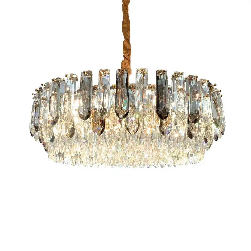 Luxury gold and bronze crystal modern pendant light featuring multi-tiered clear and darkened glass prisms for dining room decorbites crystal modern pendant