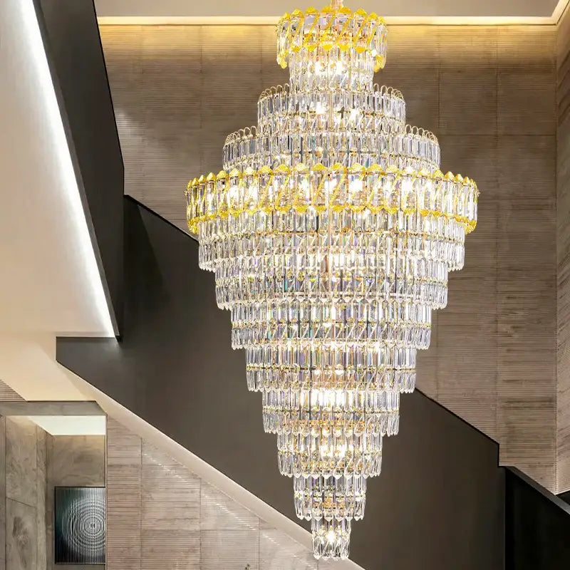 Luxury gold and clear crystal chandelier with cascading glass prisms for living room staircase decorbites crystal chandelier