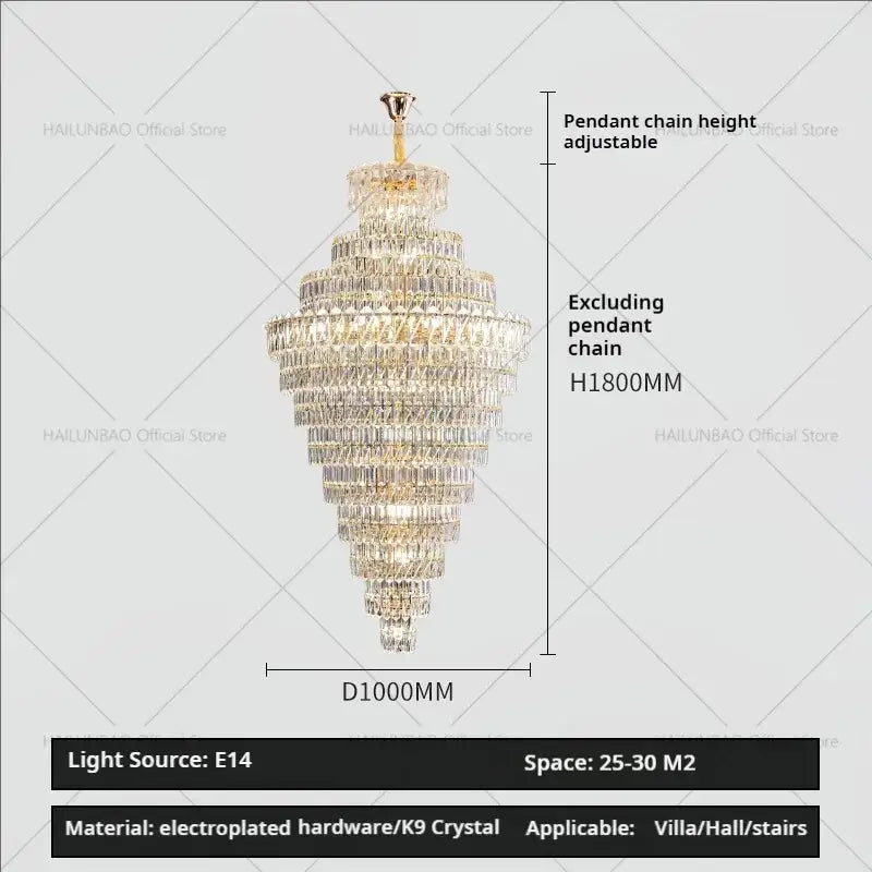 Luxury gold and clear crystal chandelier with k9 crystals and electroplated frame for living room staircase by decorbites crystal chandelier