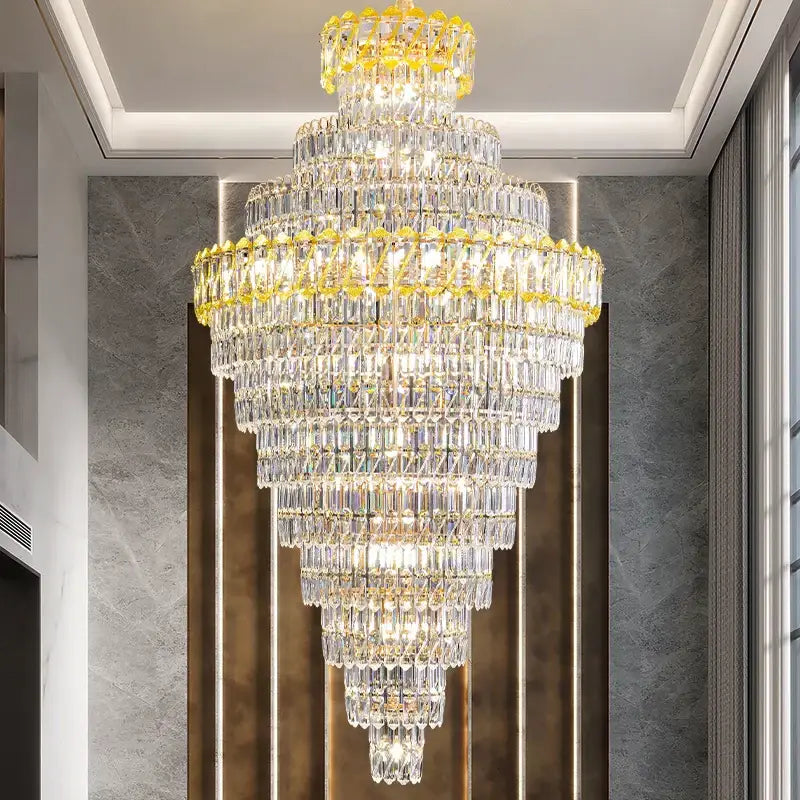 Luxury gold and clear crystal chandelier with illuminated tiers for living room staircase decorbites crystal chandelier