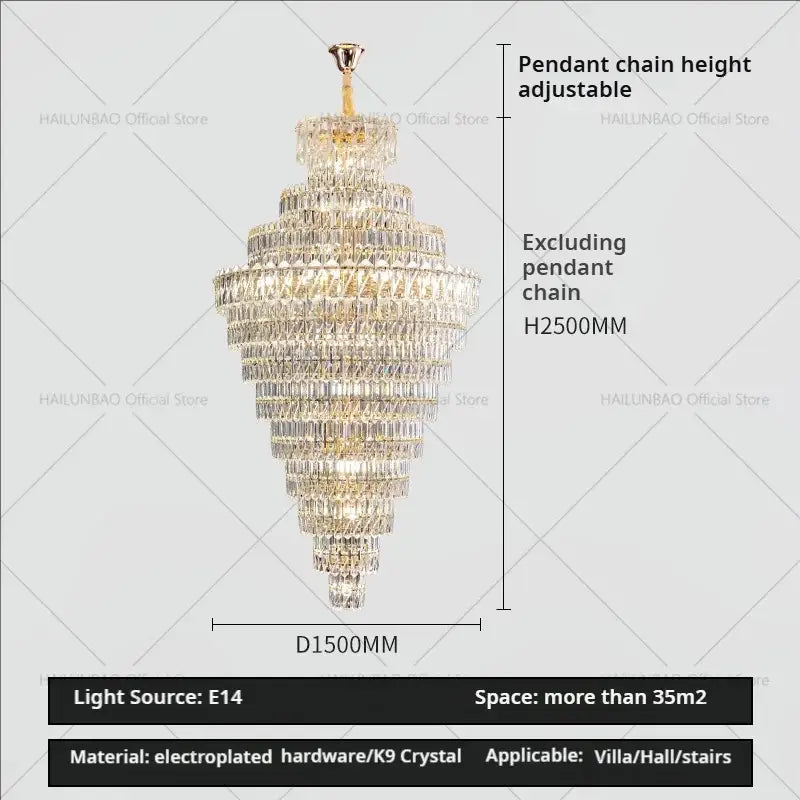 Luxury gold and clear crystal chandelier with cascading k9 prisms and electroplated hardware for staircase decorbites crystal chandelier