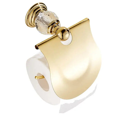Gold-finished toilet paper holder with faceted crystal accent for luxury gold and crystal bath hardware bathroom accessories