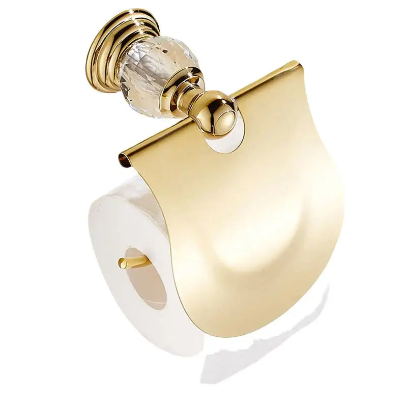 Gold-finished toilet paper holder with faceted crystal accent for luxury gold and crystal bath hardware bathroom accessories