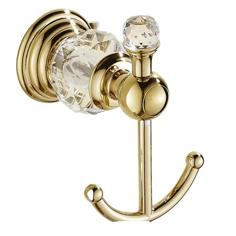 Luxury gold and crystal double hook towel rack from bath hardware set with gold finish and crystal accents
