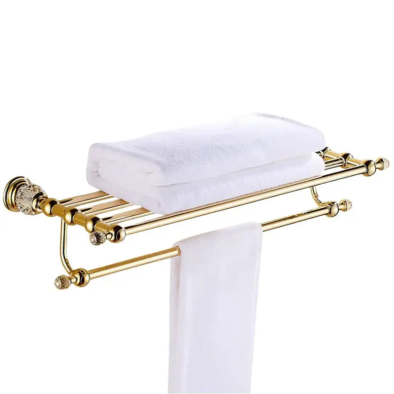 Luxury gold and crystal bath hardware double-tier towel rack with polished metal bars for elegant bathroom storage