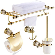 Luxury gold and crystal bath hardware set featuring gold-toned bathroom accessories with crystal accents and a toilet paper holder