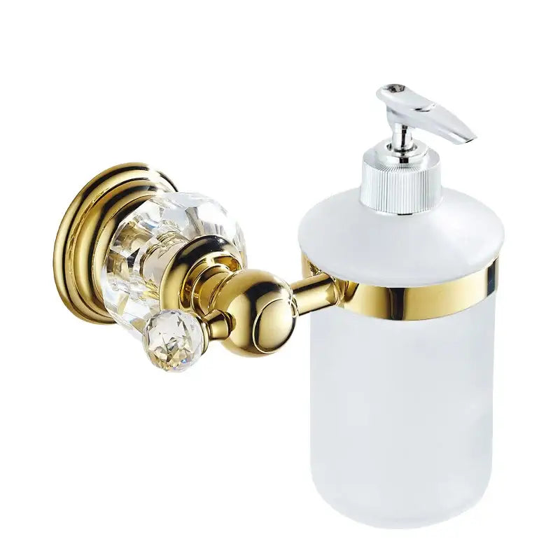 Luxury gold and crystal bath hardware wall-mounted soap dispenser with frosted glass body and chrome pump
